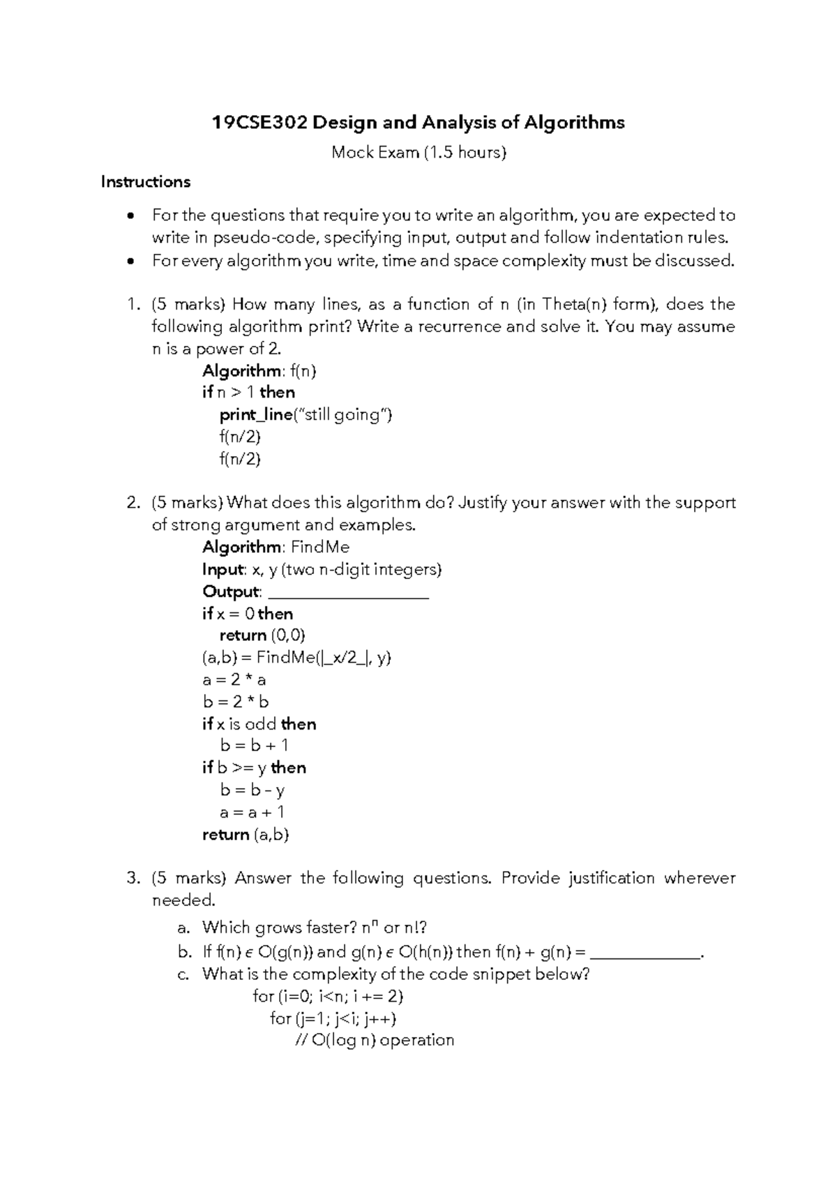 19CSE302 DAA Mock Test - Model Questions and Solutions Guide - Studocu