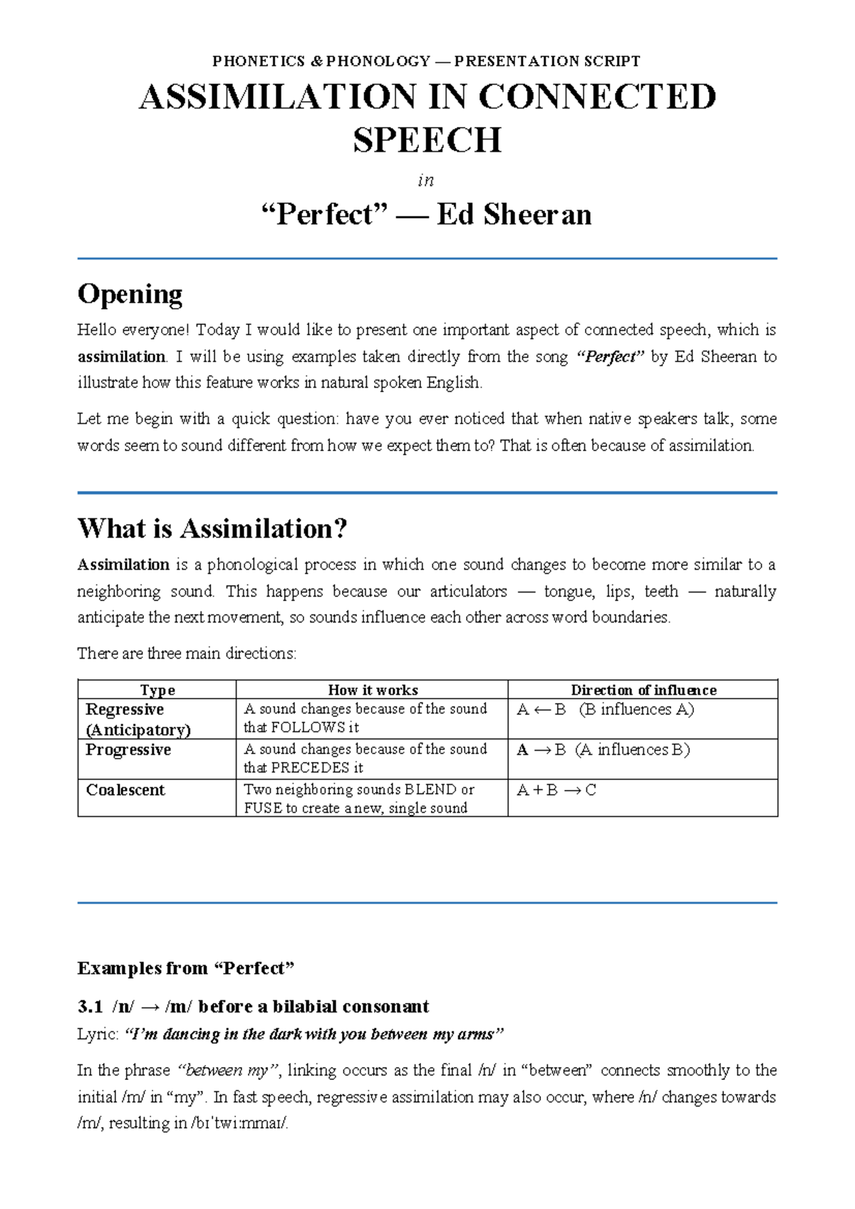PHONETICS PHONOLOGY PRESENTATION SCRIPT: ASSIMILATION IN SPEECH - Studocu