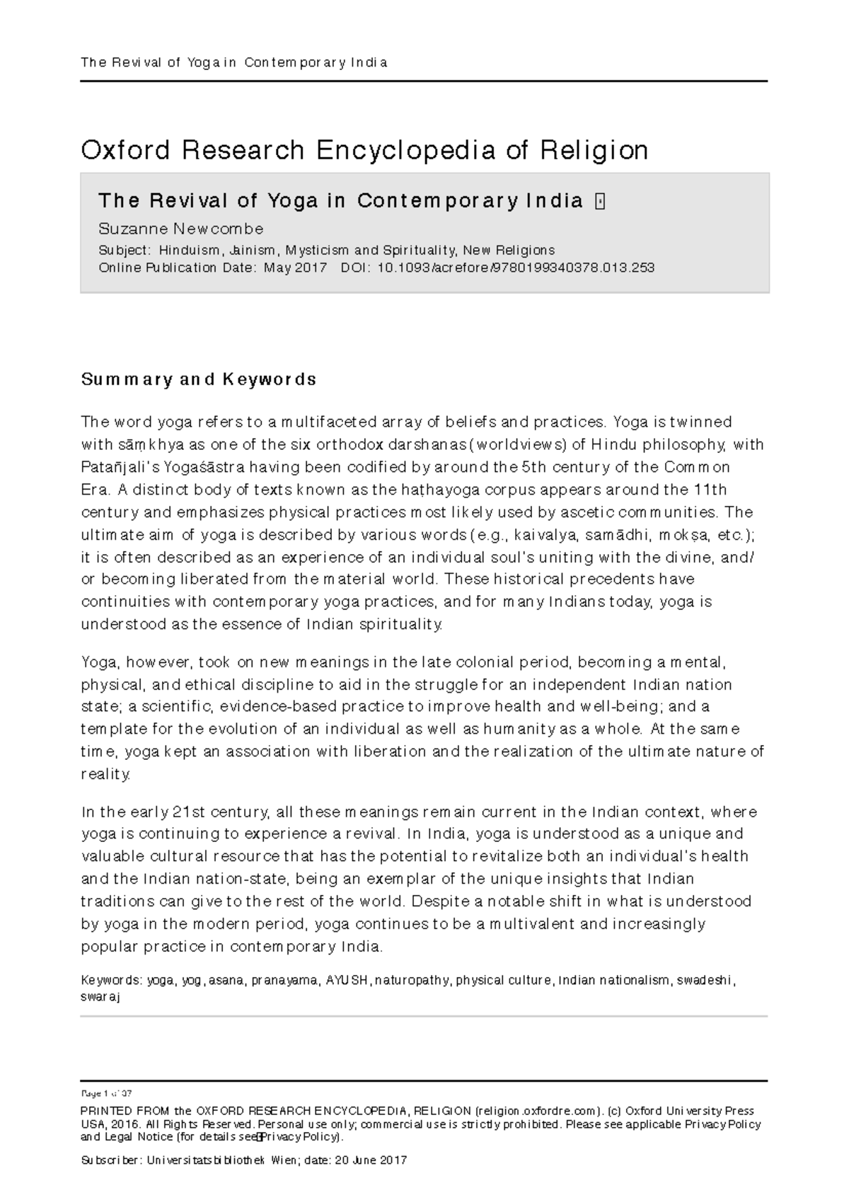 The Revival of Yoga in Contemporary India: A Cultural Perspective - Studocu