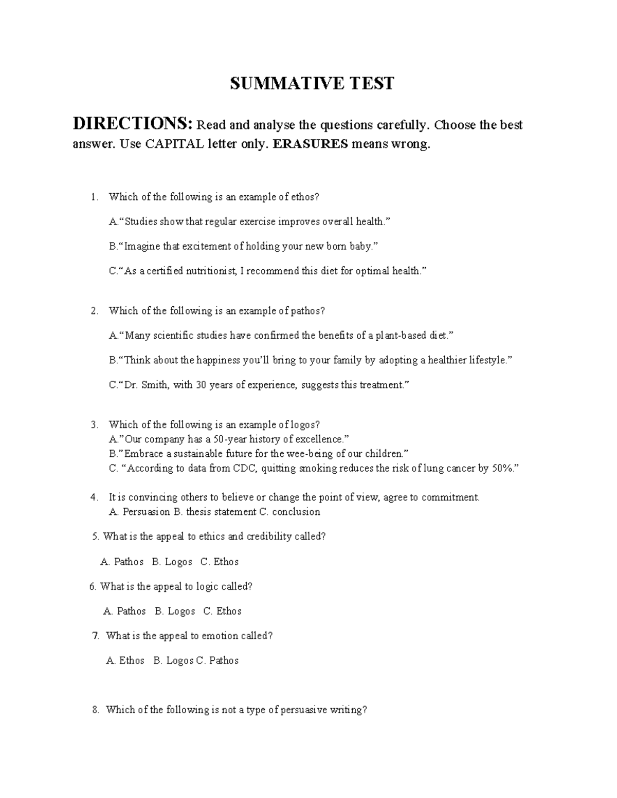 Summative TEST 2 - assignments - SUMMATIVE TEST DIRECTIONS: Read and ...