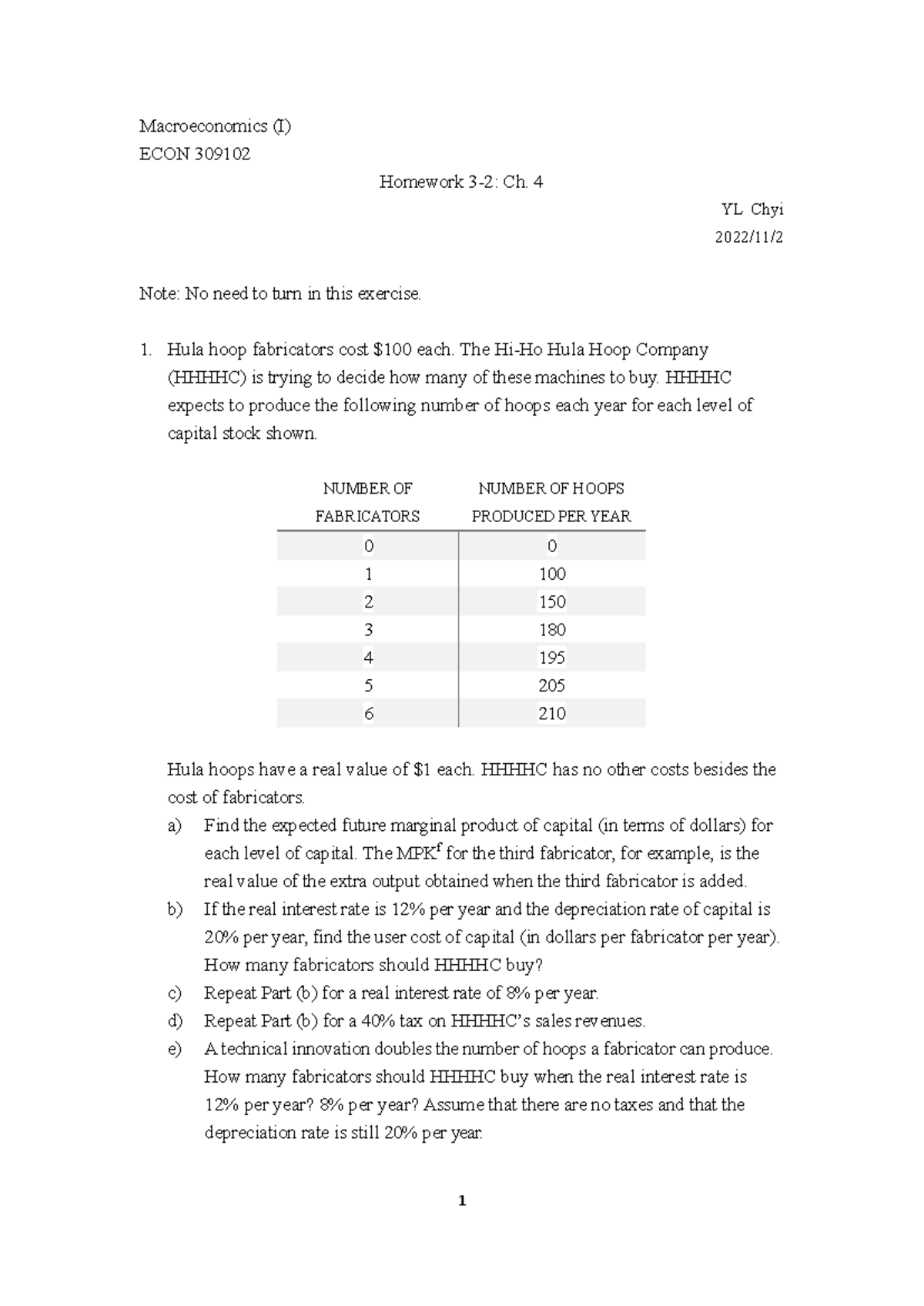 HW 3-2 Ch 4 - hw3 - 1 Macroeconomics (I) ECON 309102 Homework 3-2: Ch ...
