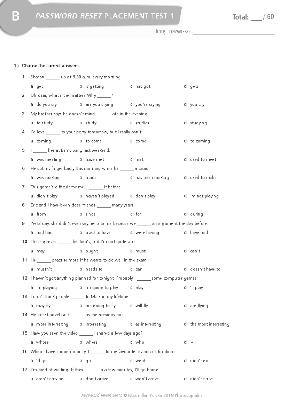 Password Reset Placement Test 1 - Student B - Studocu