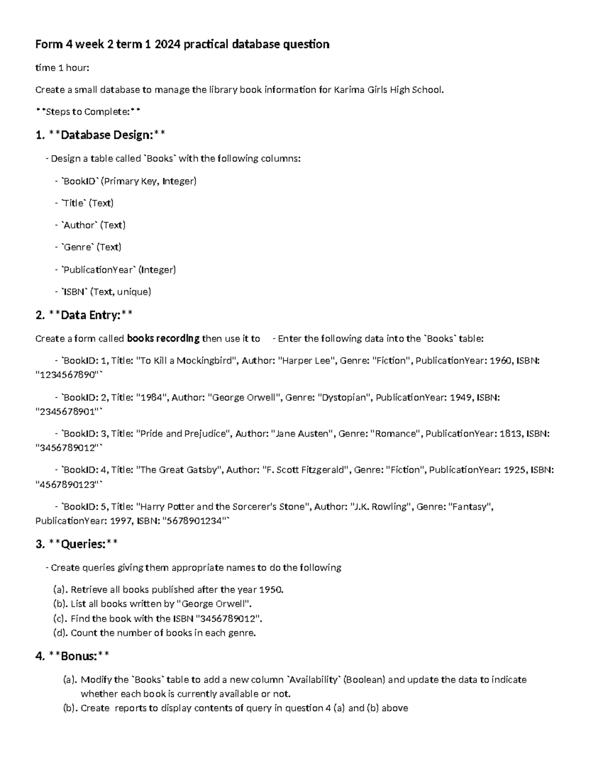 Form 4 Term 1 2024 Practical: Library DB Setup & Queries - Studocu