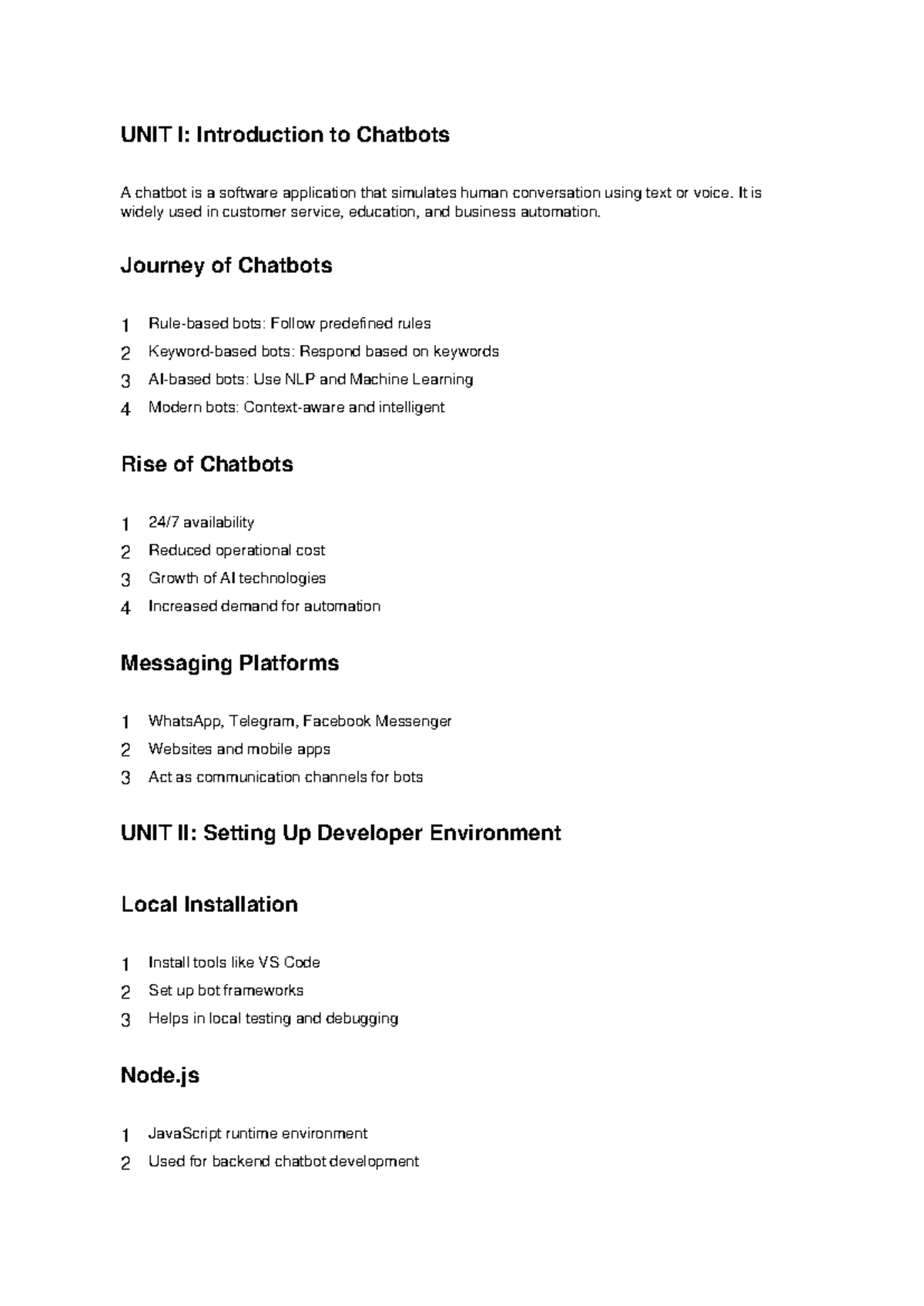 Chatbots (CS101): Unit I & II Overview and Setup Notes - Studocu