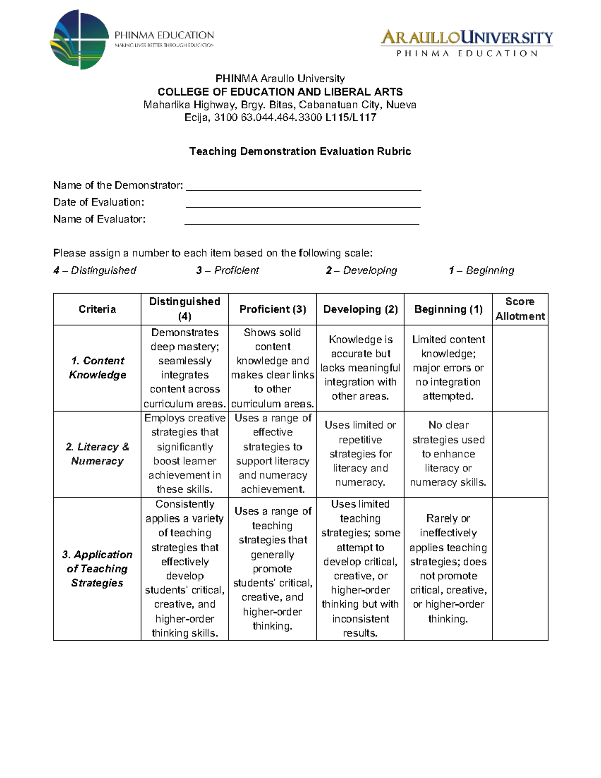 PHINMA Araullo University Teaching Demo Evaluation Rubric - Final Exam ...