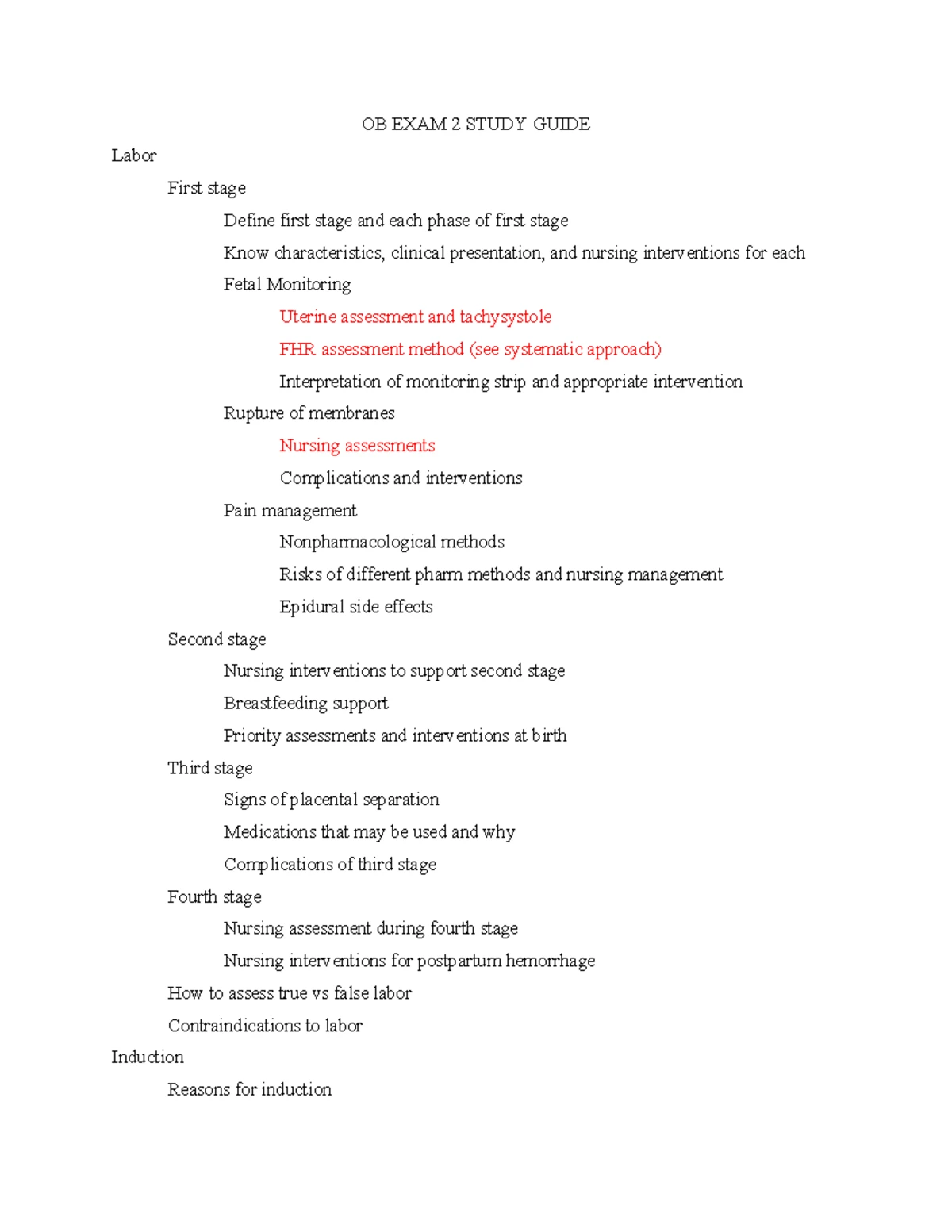 OB EXAM 2 Study Guide: Key Concepts and Nursing Interventions - Studocu