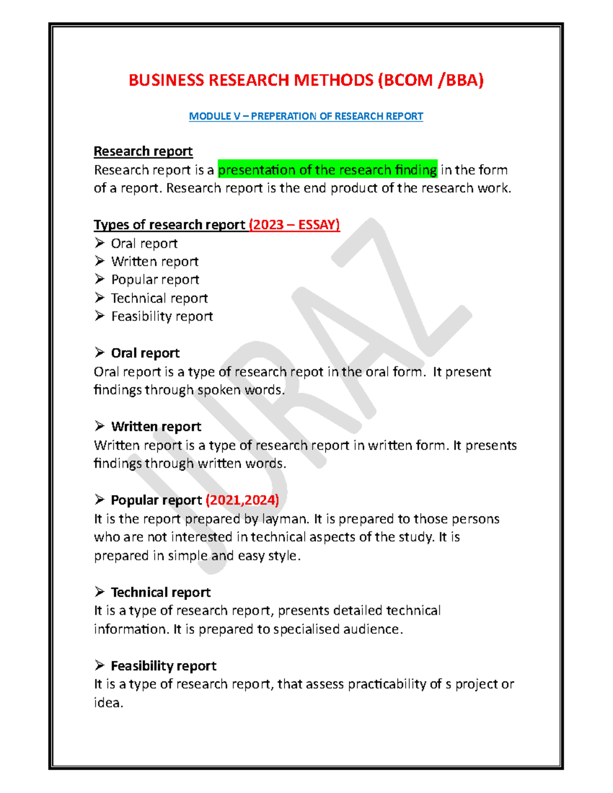 BRM (BCOM MODULE V) - Research Report Preparation Notes - Studocu