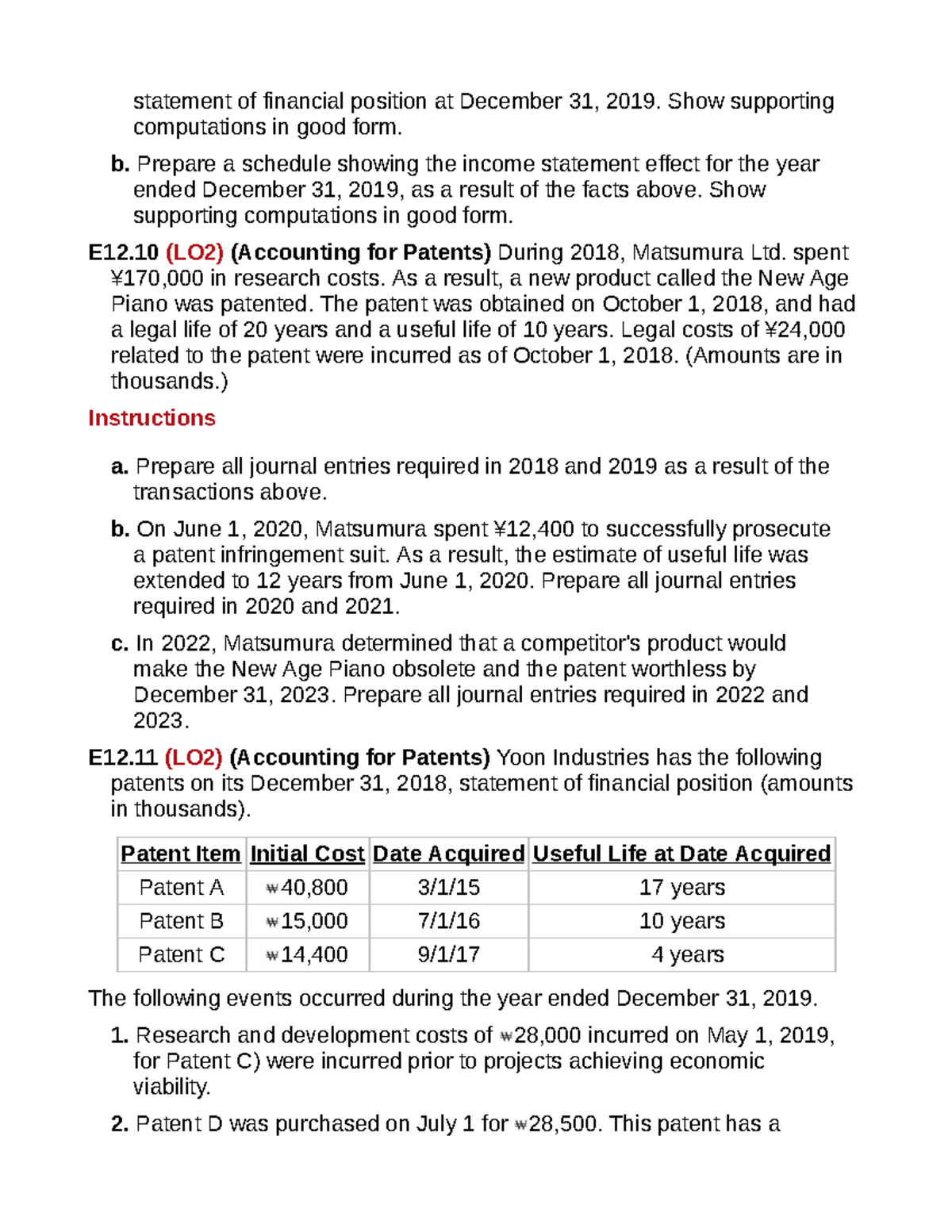 Exercise Chapter 12: Accounting for Patents and Goodwill Analysis - Studocu