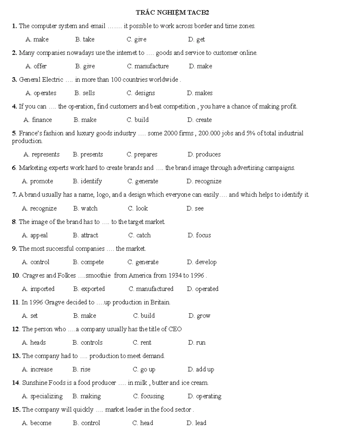 CB2 - Intelligent Business Quick Placement Test: Answers Included - Studocu