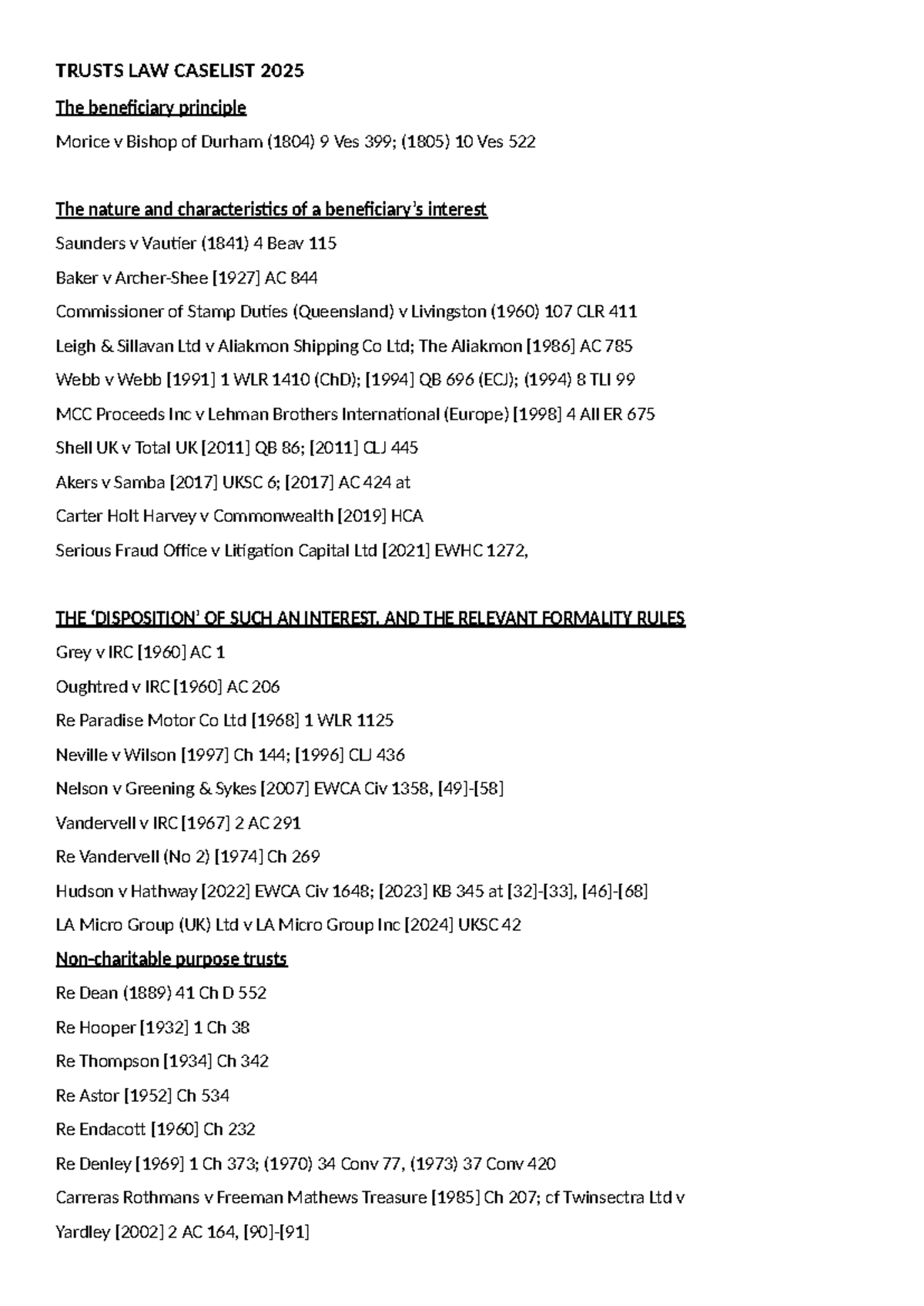 Trusts Law Caselist 2025: Key Cases and Principles Overview - Studocu