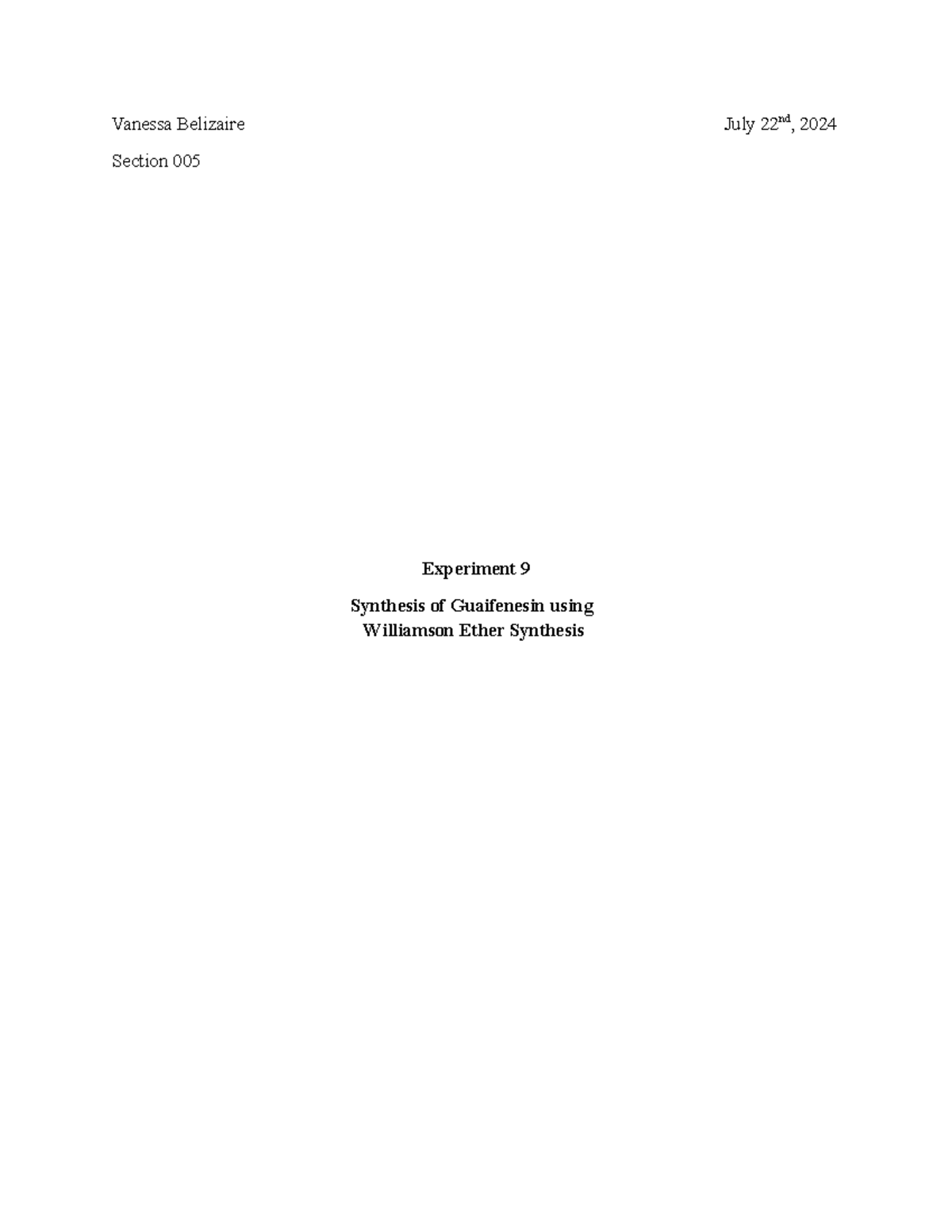 Experiment 9 Lab Report: Synthesis & Analysis of Guaifenesin - Studocu
