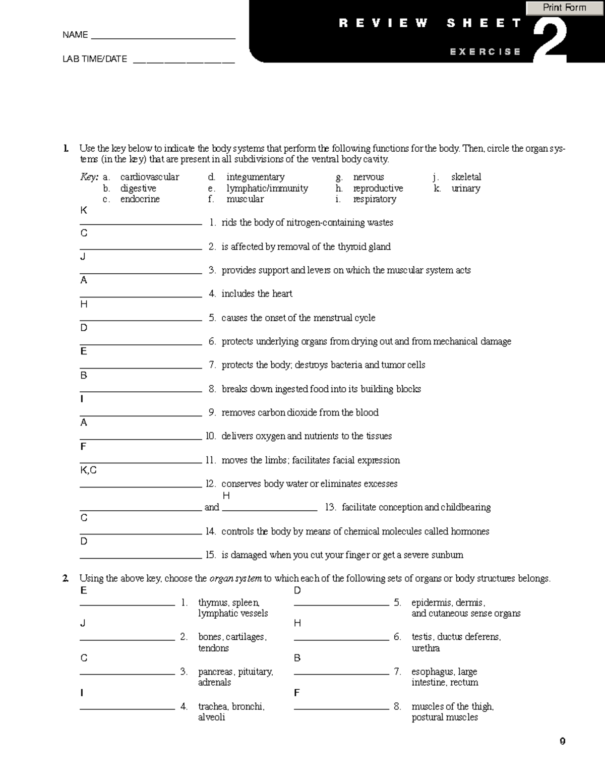 SU BIO1012 W1 - A2 Exercise 2 Review Sheet on Body Systems - Studocu