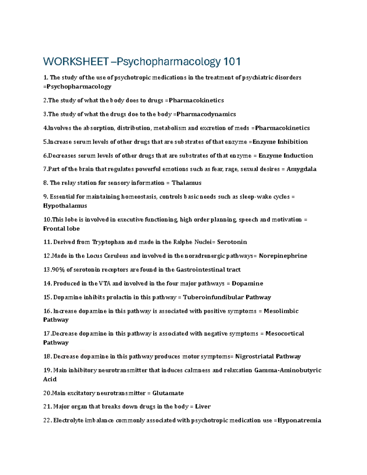 Psychopharmacology 101 Exam 1 Study Guide and Worksheet - Studocu
