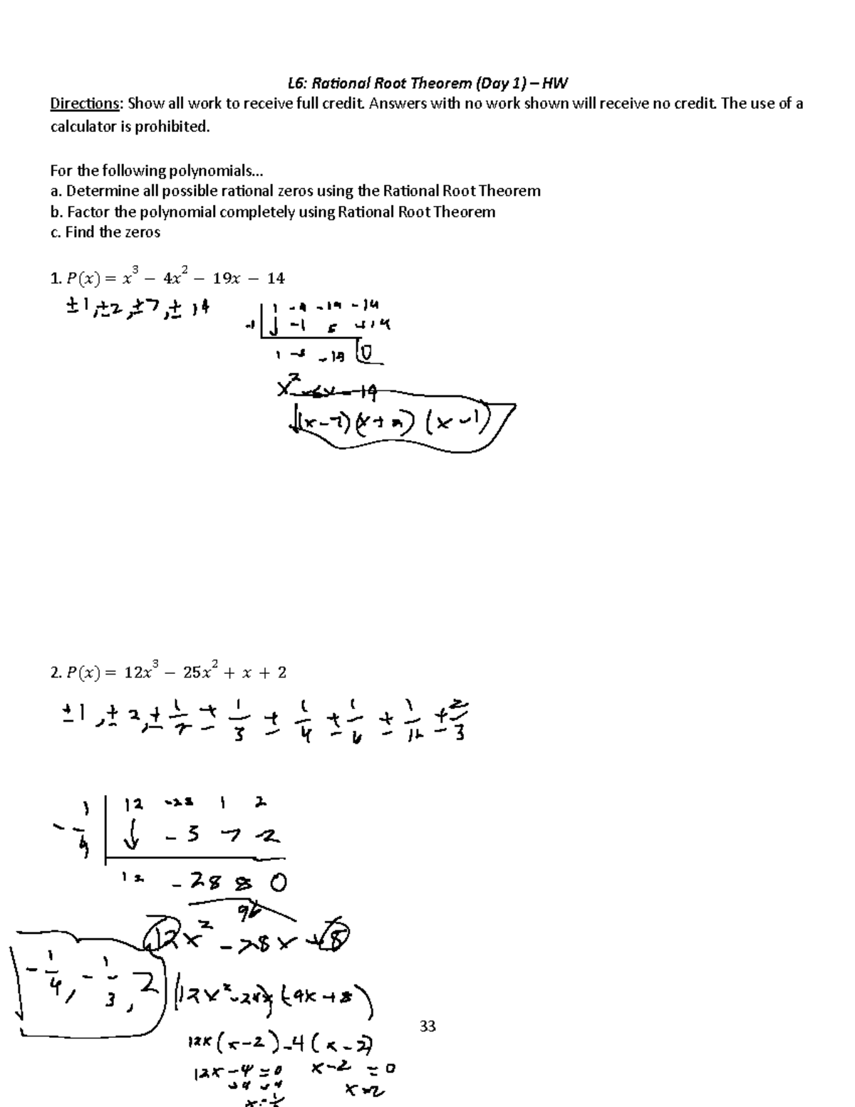 U4PCalc Rational Root Theorem Homework Assignment - Studocu