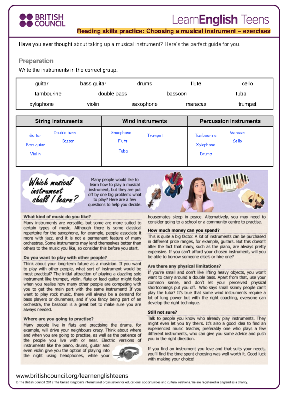 Choosing a musical instrument - exercises 1 - Reading skills practice ...