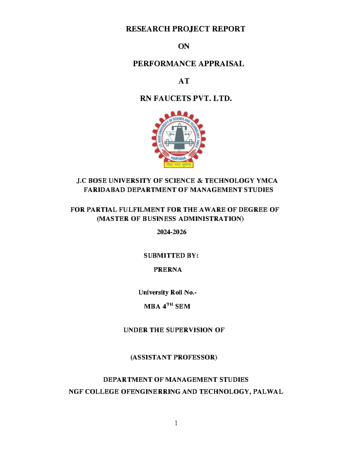 MBA 4TH SEM RESEARCH PROJECT ON PERFORMANCE APPRAISAL AT RN FAUCETS ...