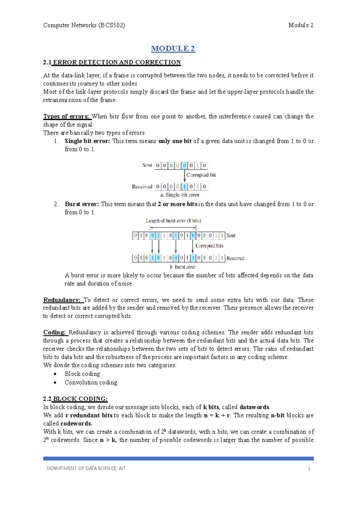 Module 2 CN notes - Yyes - MODULE 2 2 ERROR DETECTION AND CORRECTION At ...