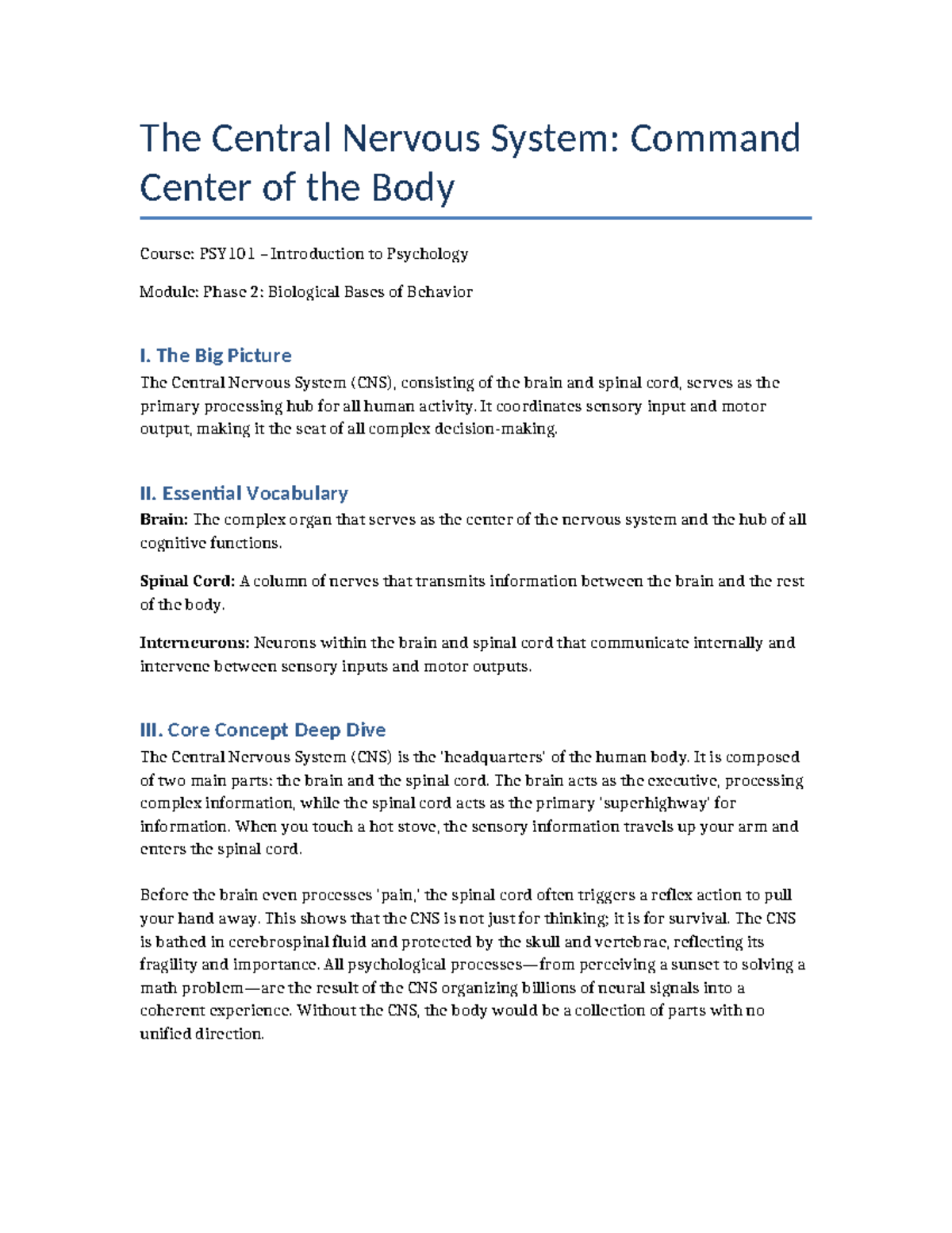 PSY101: CNS Overview - Command Center of the Body - Studocu