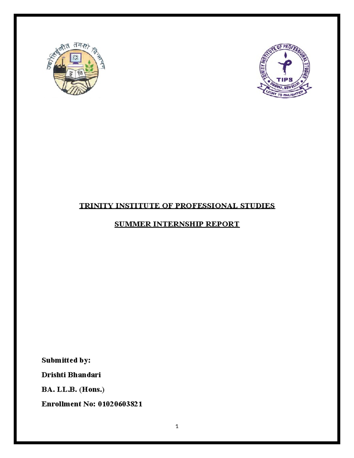 BA. LL.B. (Hons.) Summer Internship Report by Drishti Bhandari - Studocu