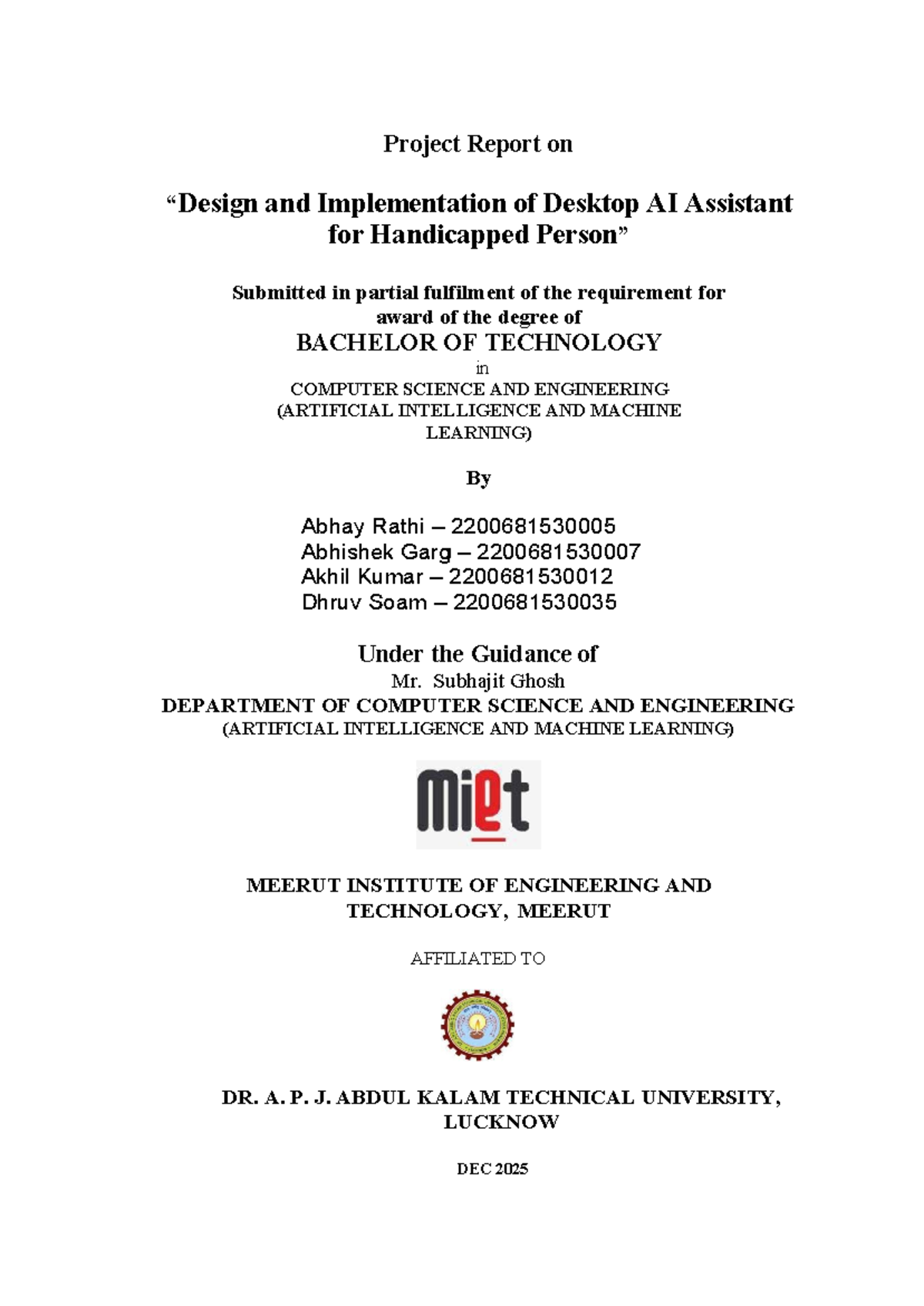 B.Tech Project Report: Desktop AI Assistant for Handicapped (BCS 752 ...