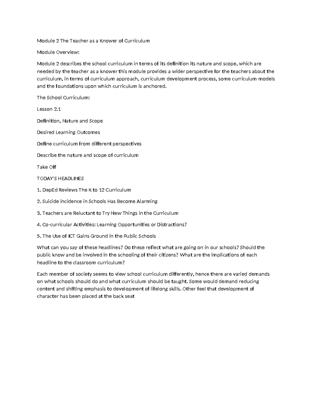 Module 2 The Teacher as a Knower of Curriculum - Module 2 The Teacher ...