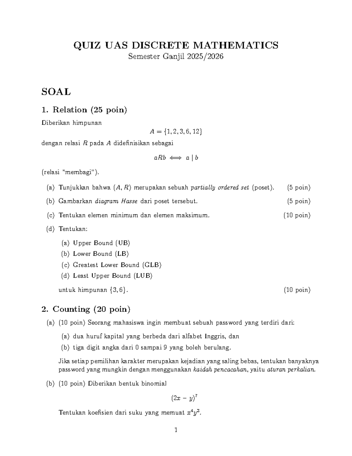 QUIZ UAS DISCRETE MATHEMATICS Semester Ganjil - Soal dan Pembahasan ...