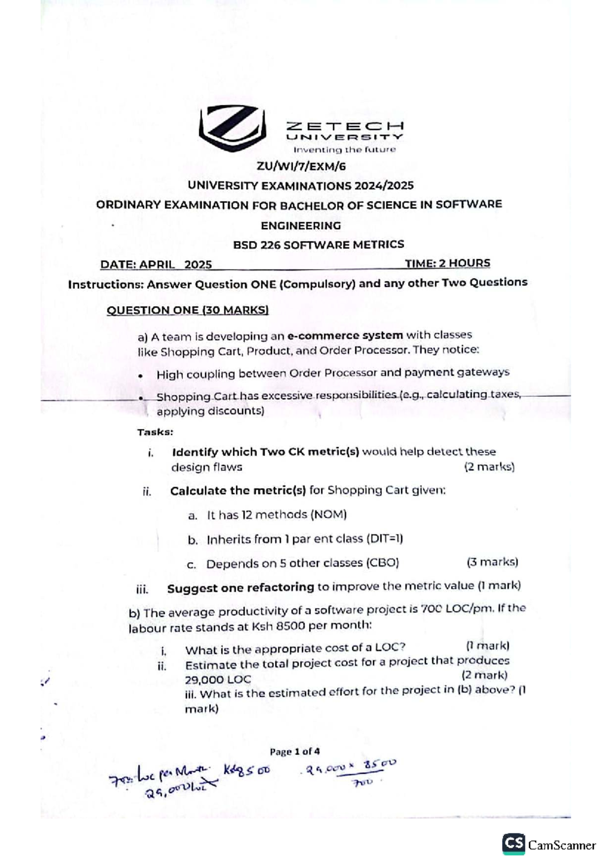BSD 226 Software Metrics - Ordinary Exam Questions & Solutions - Studocu