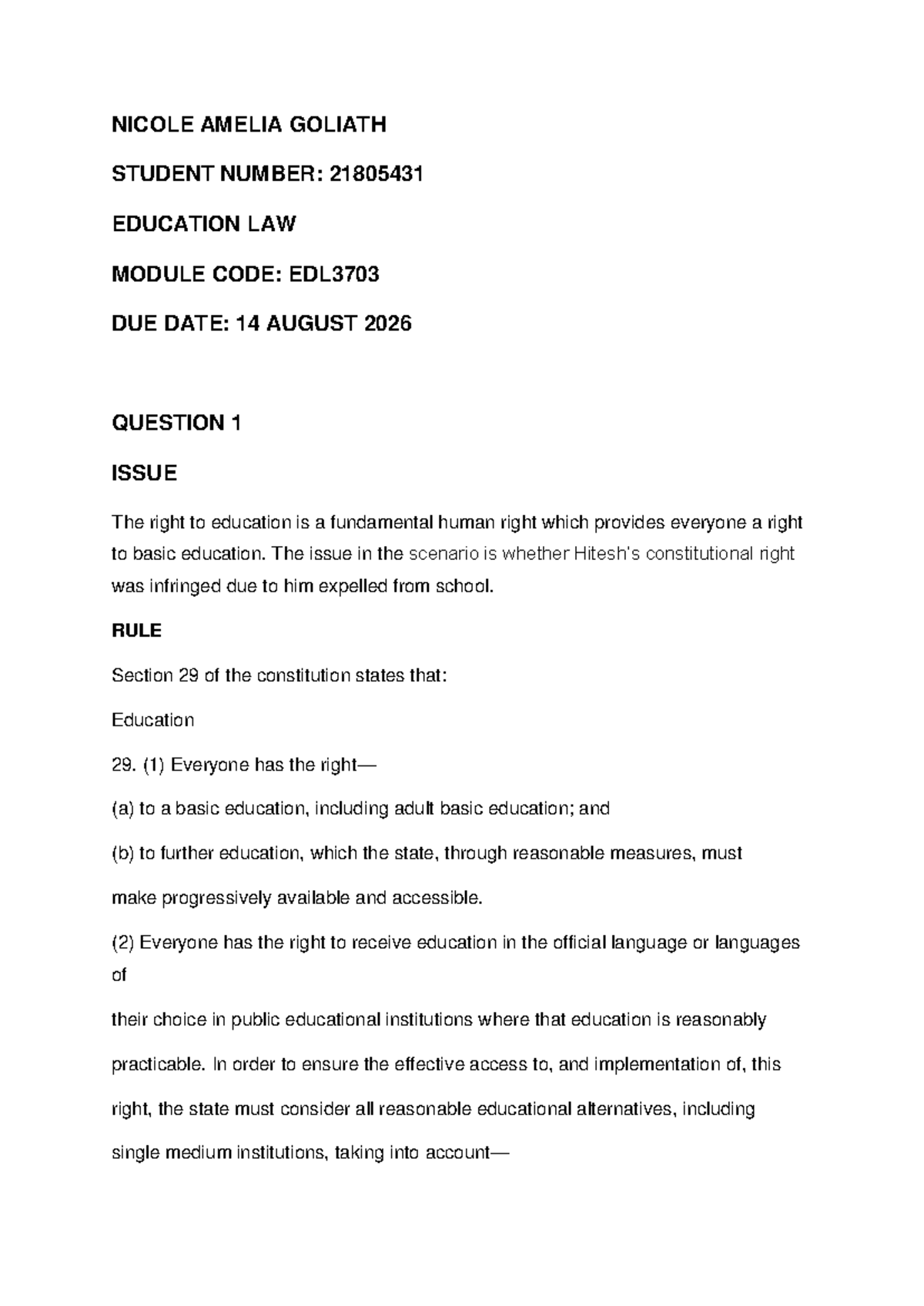 EDL3703 Education Law Assignment: Rights to Education & Expulsion ...
