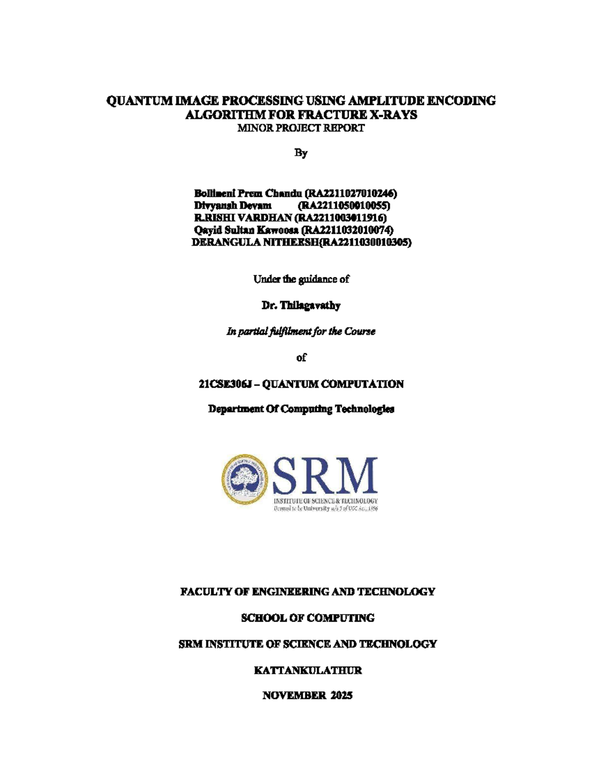 21CSE306J Minor Project Report on Quantum Image Processing - Studocu