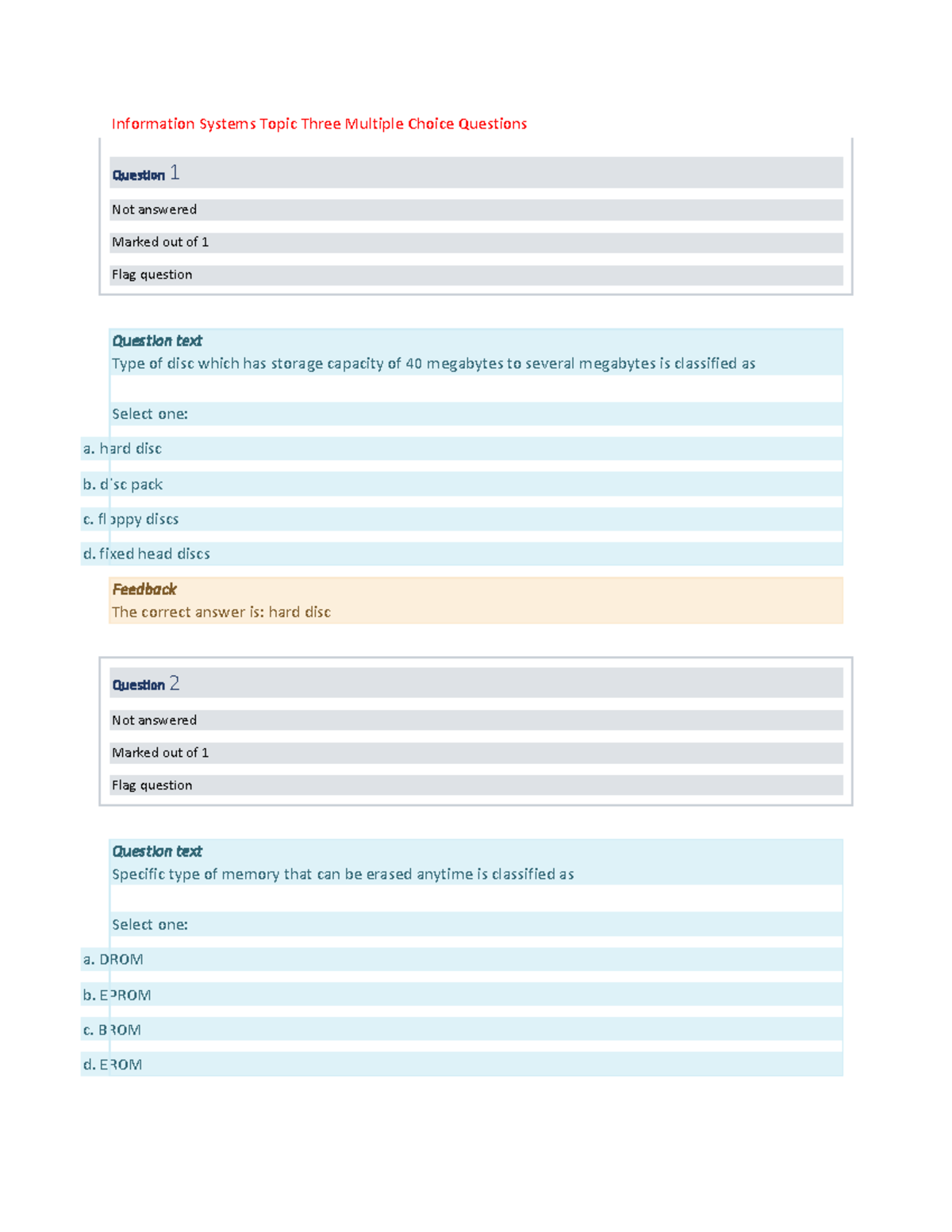 Information Systems IS101 Topic 3 MCQs on Storage Devices - Studocu