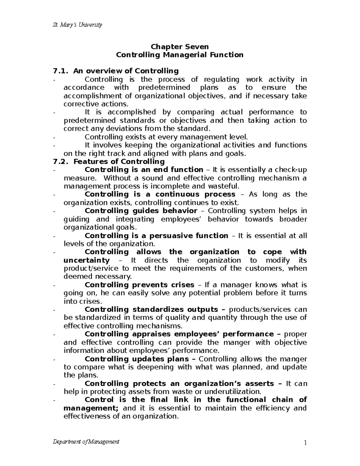 Chapter 7 - Controlling in Management Essentials - Overview & Features ...