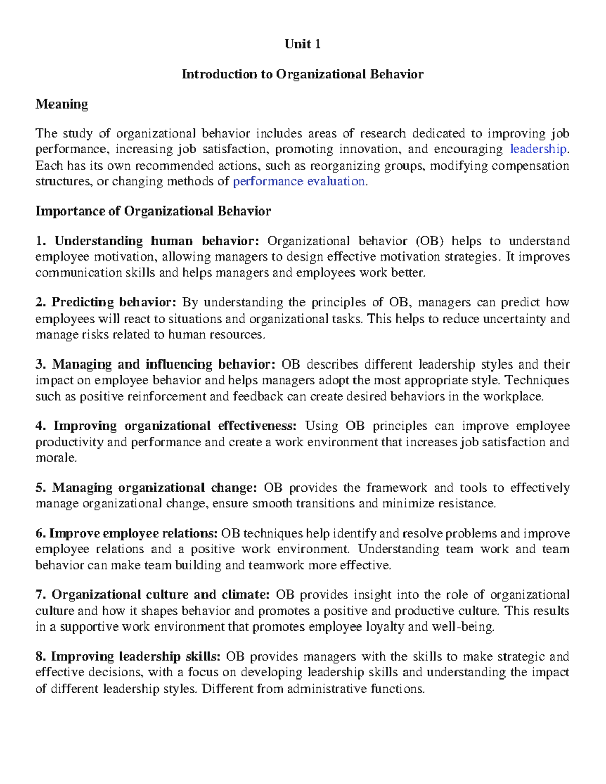 Organizational Behavior Overview - Unit 1 Lecture Notes (BNU) - Studocu