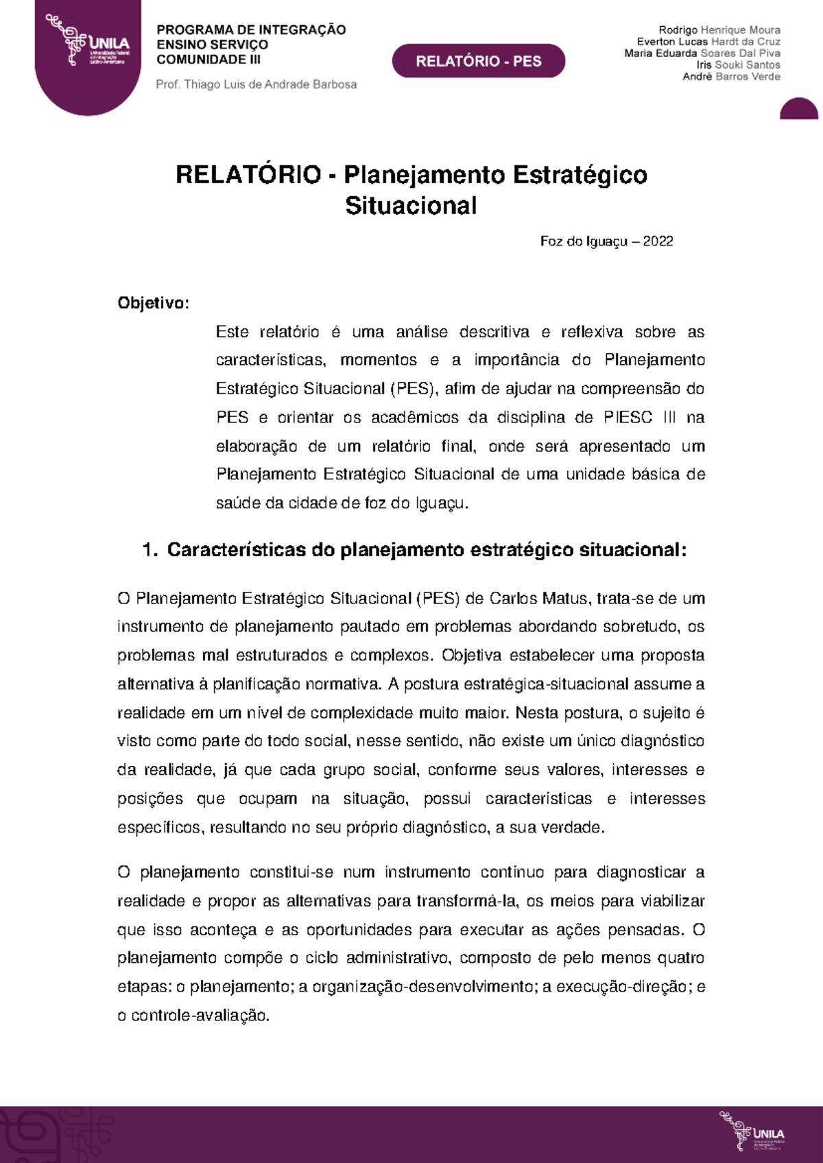Relatório - PES - RELATÓRIO - Planejamento Estratégico Situacional Foz ...