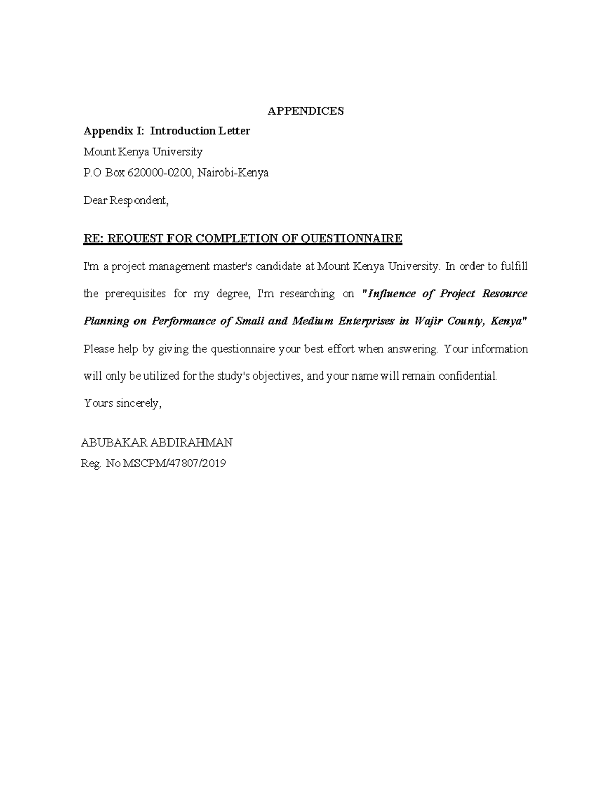 QUiz - Work - APPENDICES Appendix I: Introduction Letter Mount Kenya ...