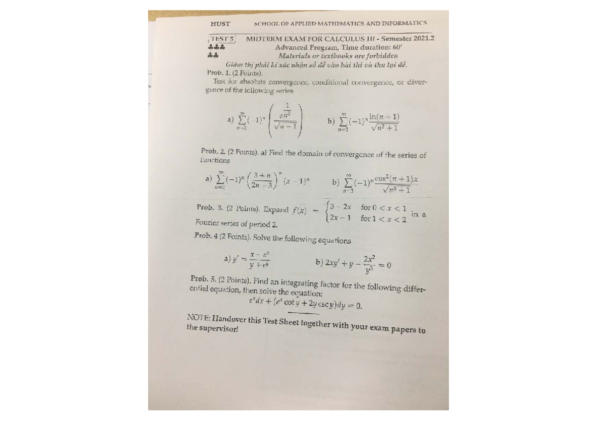 HUST APPLIED MATH & INFORMATICS CALCULUS MIDTERM TEST 2021.2 - Studocu