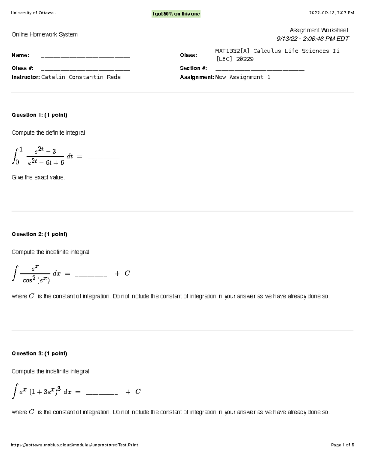 MAT1332[A] Final Exam Practice Materials for Calculus Life Sciences II ...