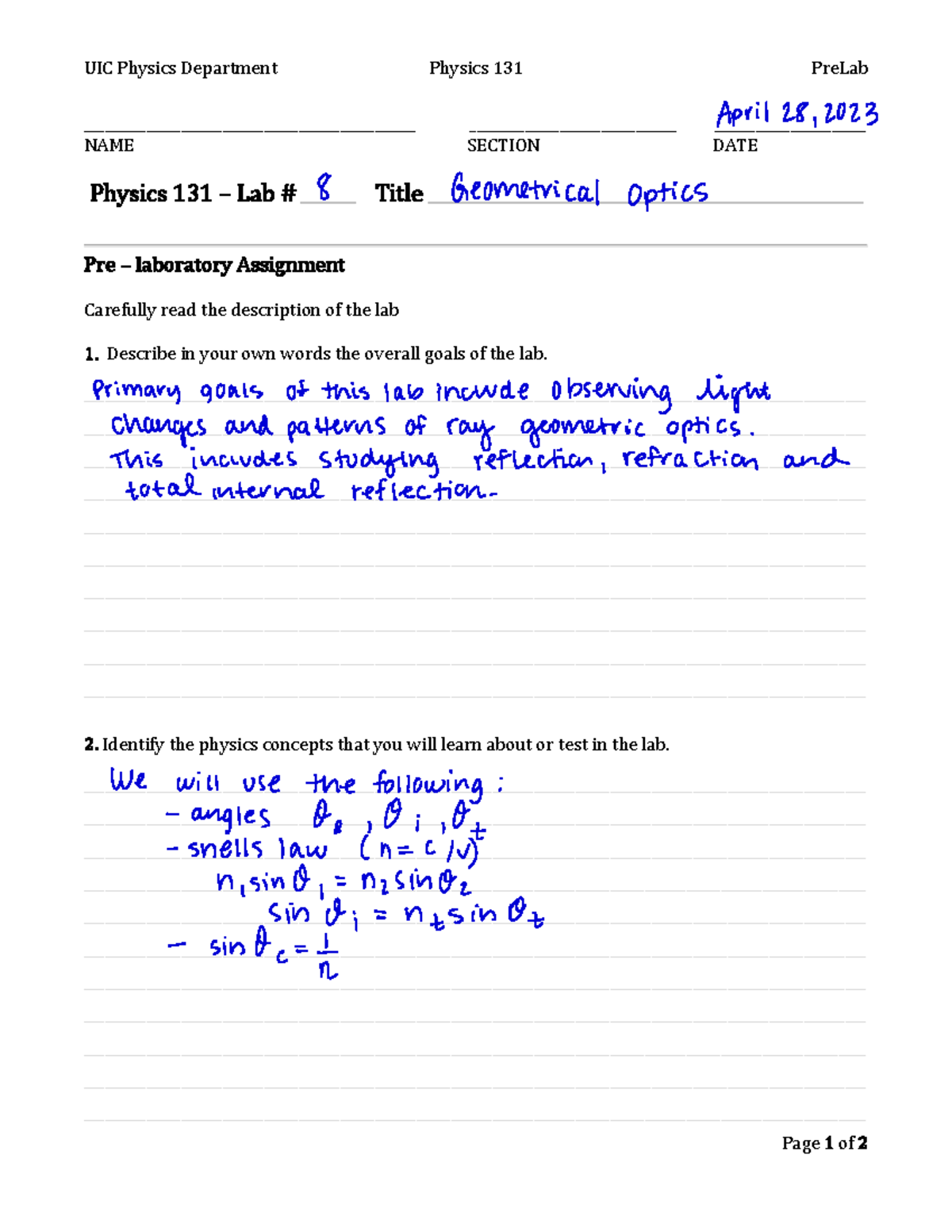 UIC Physics 131 Lab 8: Geometrical Optics PreLab Overview - Studocu