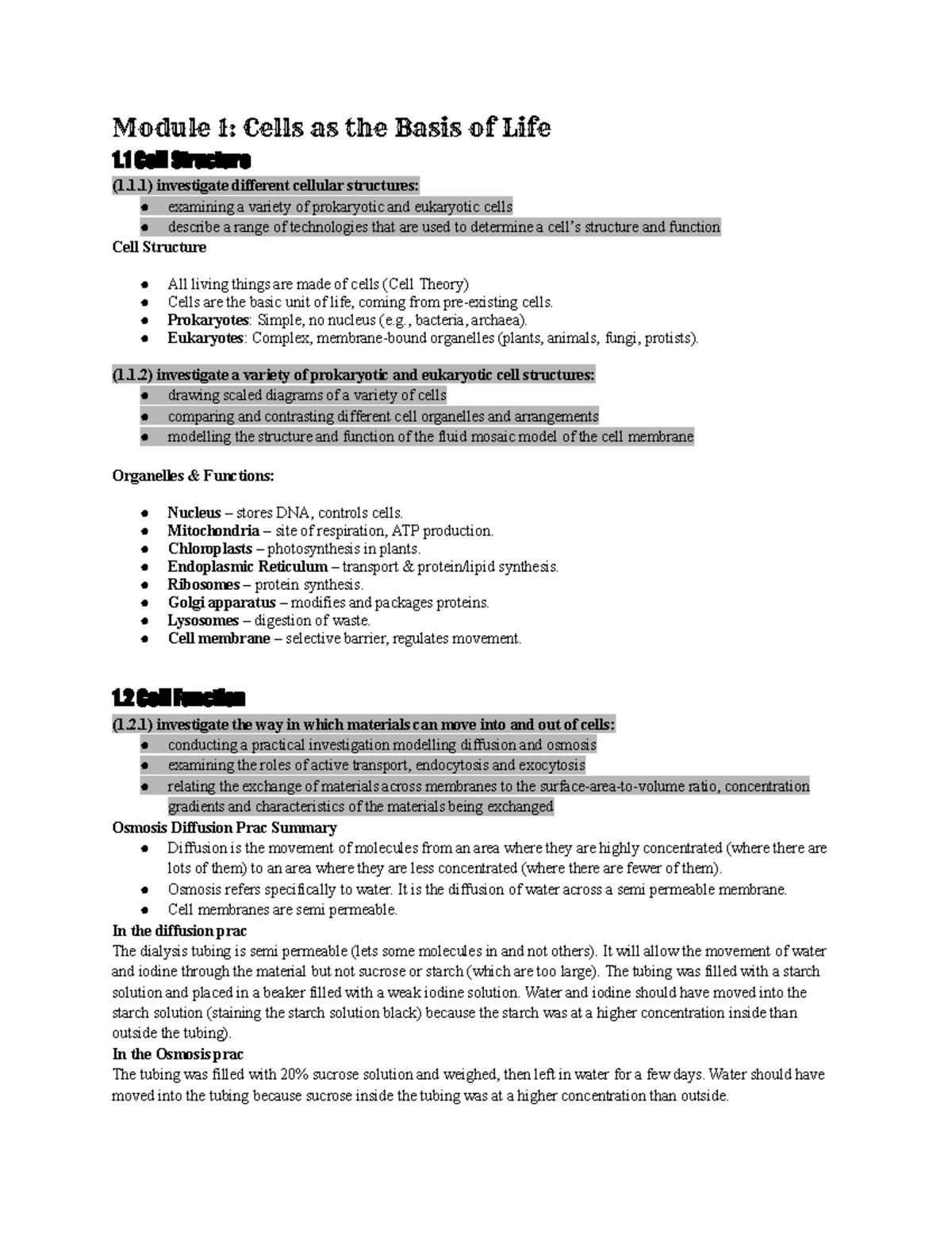 Biology Prelim Notes: Module 1 - Cells & Life Functions - Studocu