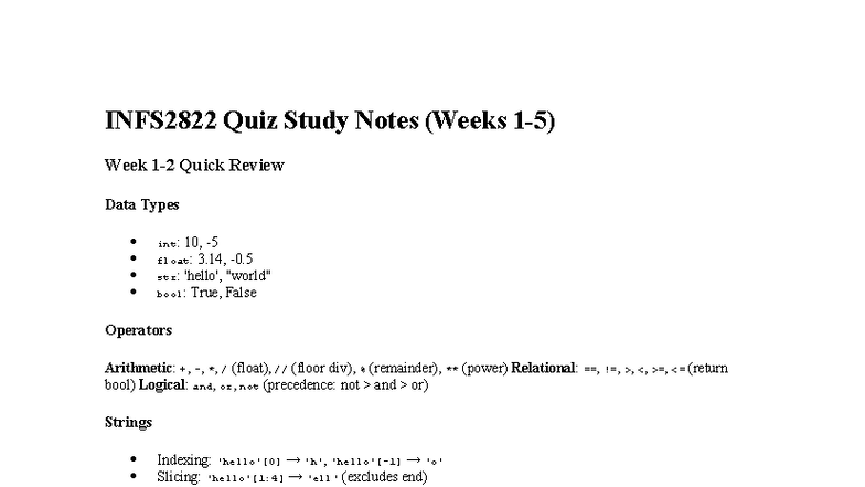 INFS2822 Quiz 2 Study Notes (Weeks 1-5) Quick Reference Guide - Studocu