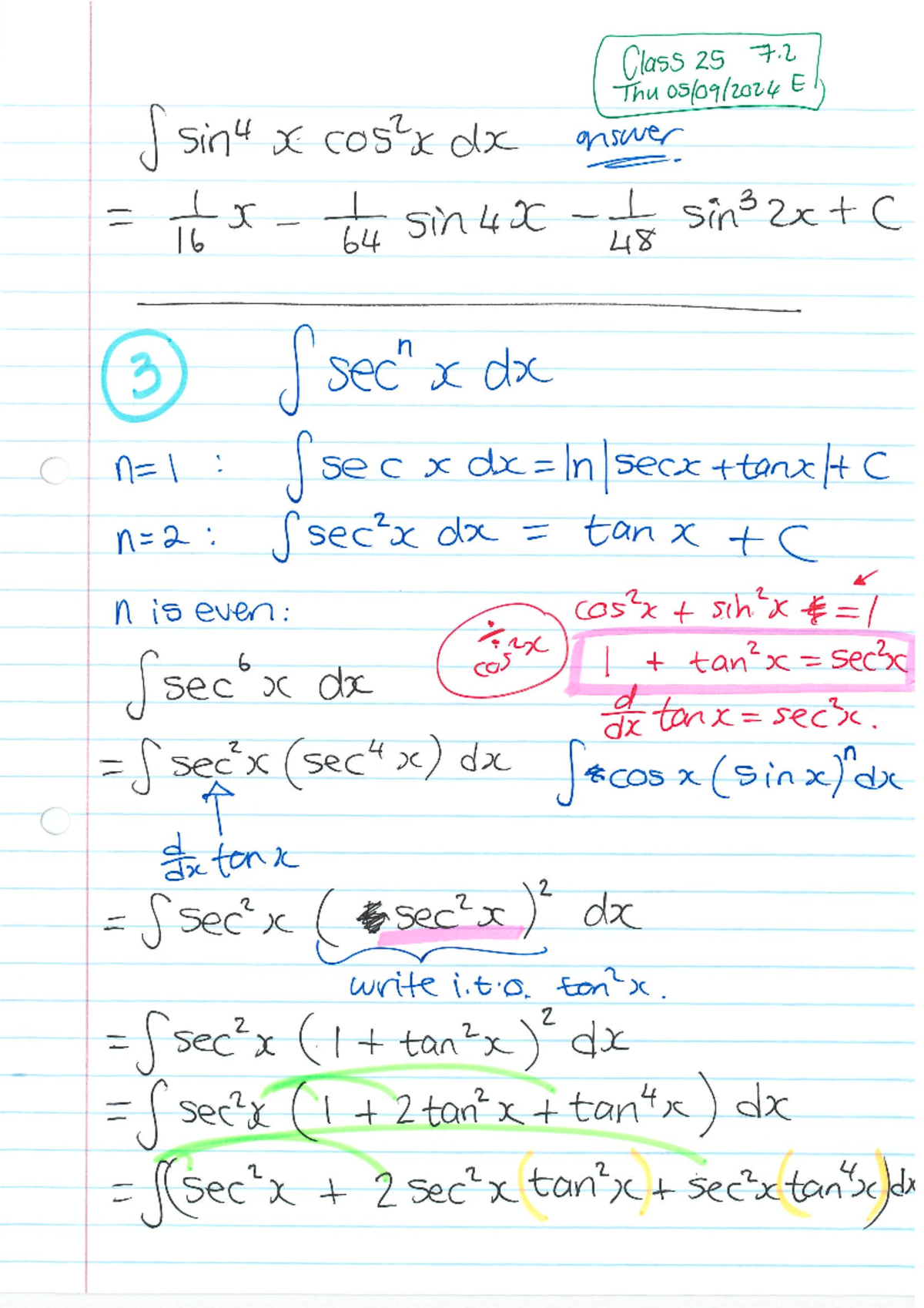 MTHS111E class notes 25 05Sep - Class 25 7 Thu 05/09/2024 E S sin4 x ...