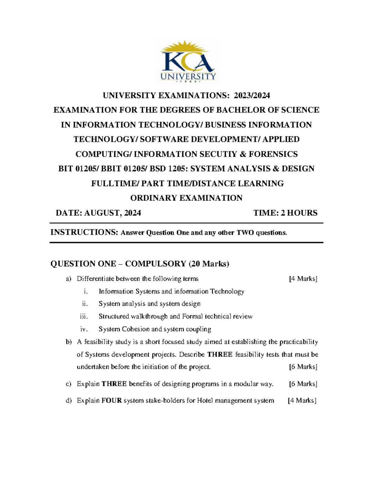 BIT 01205: System Analysis & Design Final Exam 2023/2024 - Studocu