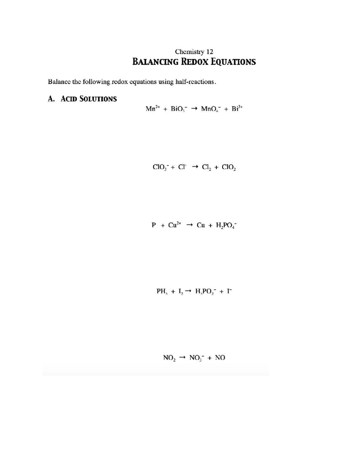 12CHEM Balancing Redox Equations - Acid & Basic Solutions - Studocu