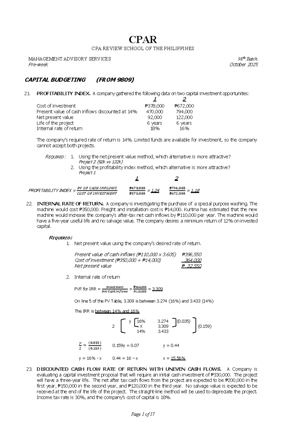 CPAR 98th Batch Management Advisory Services: Capital Budgeting Notes ...