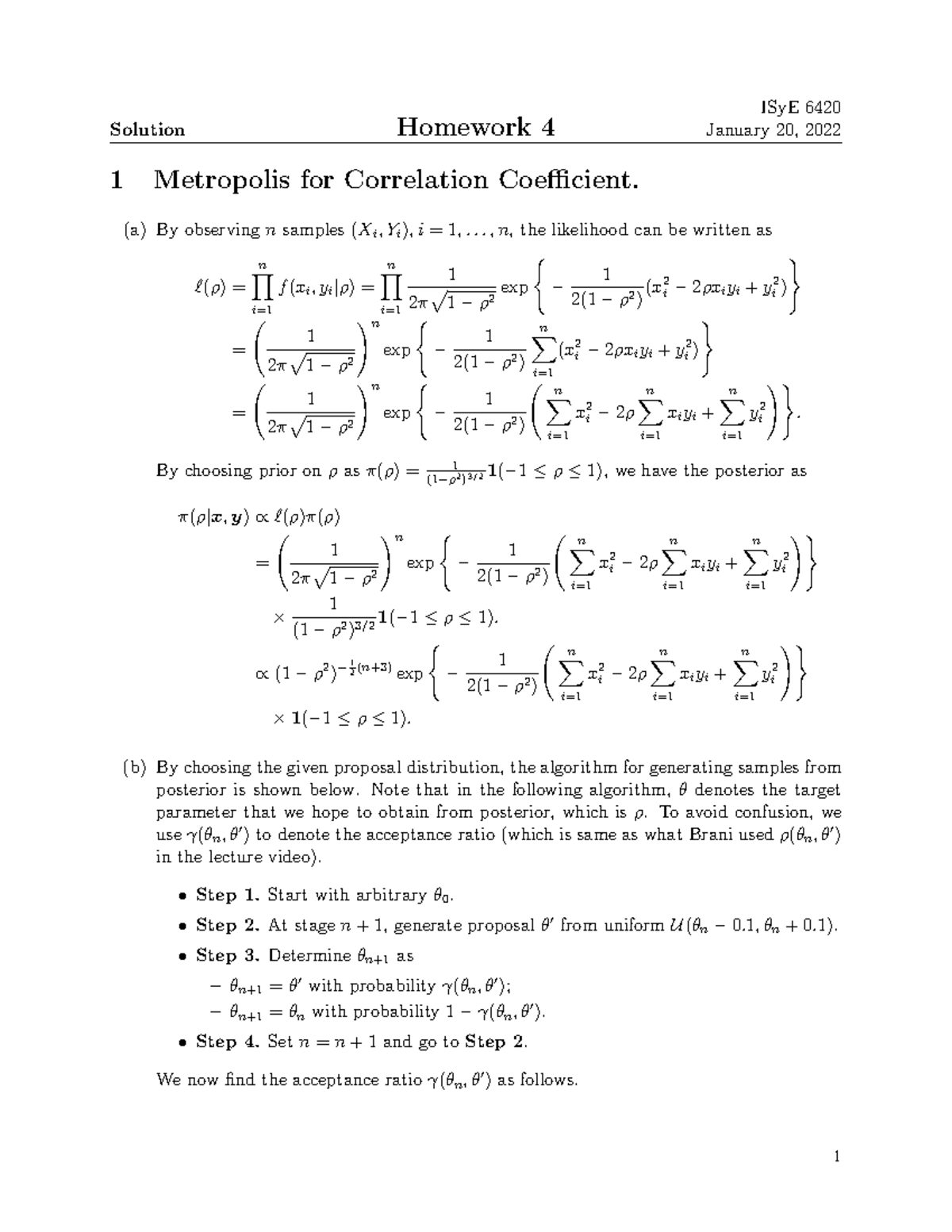 Homework 4 Solutions for ISYE 6240: Metropolis Algorithm and Bayesian ...
