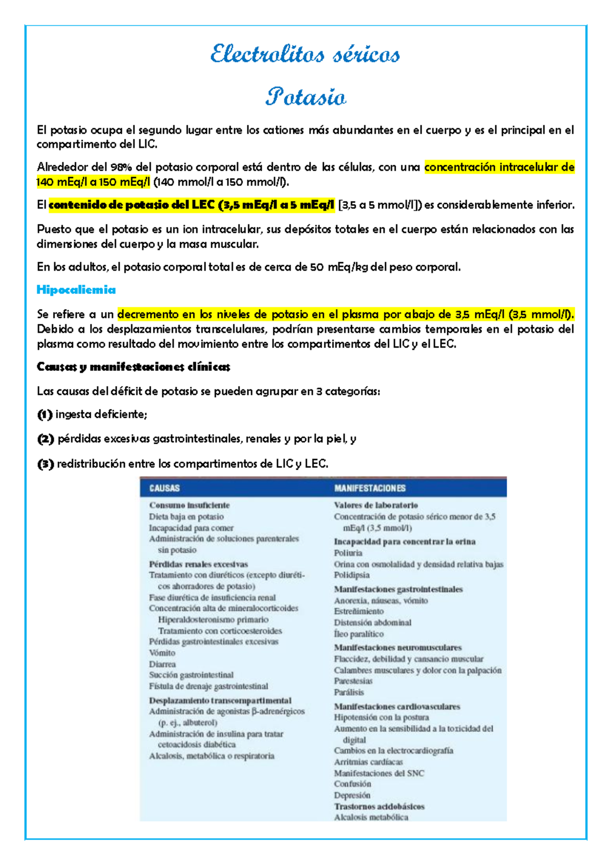 Potasio: Hipocaliemia e Hipercaliemia en Patofisiología - Porth - Document Preview