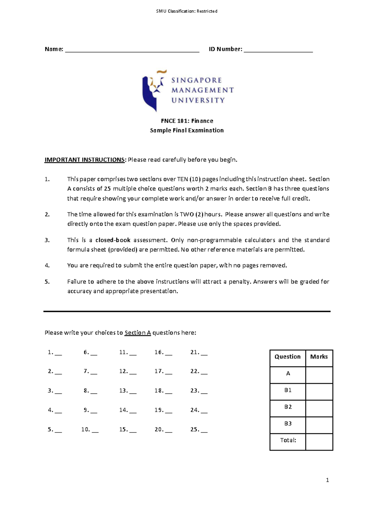 FNCE 101: Finance Sample Final Exam Instructions and Questions - Studocu
