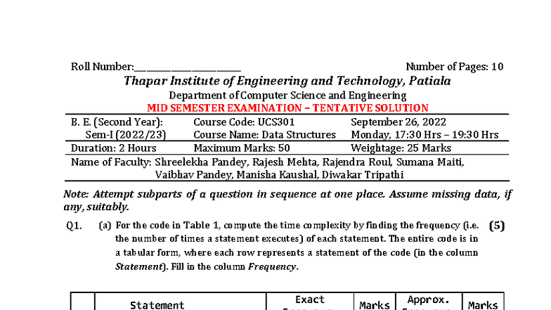 UCS301 MID SEMESTER EXAM TENTATIVE SOLUTION & MARKING SCHEME - Studocu