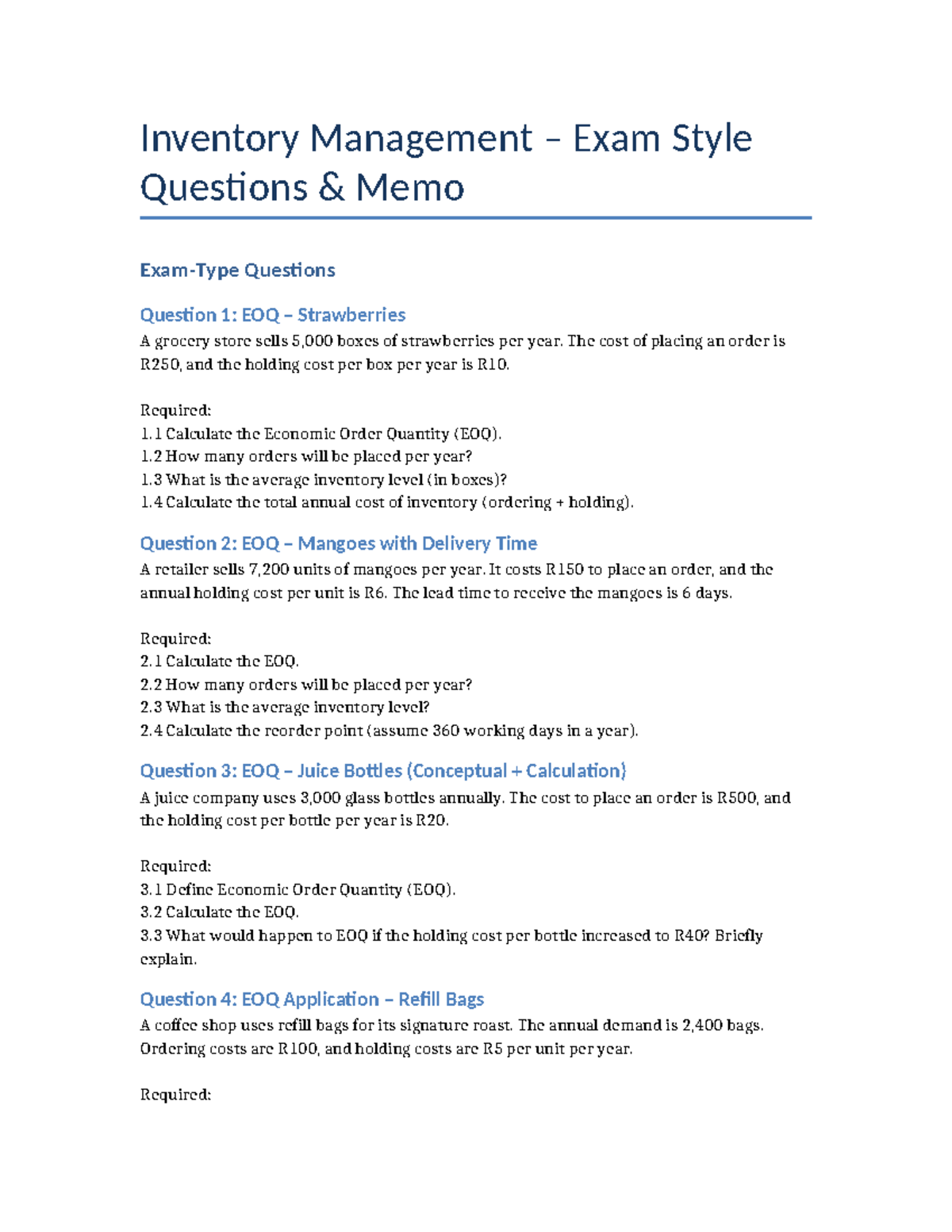 Inventory Management Q&M: EOQ Exam Style Questions & Solutions - Studocu