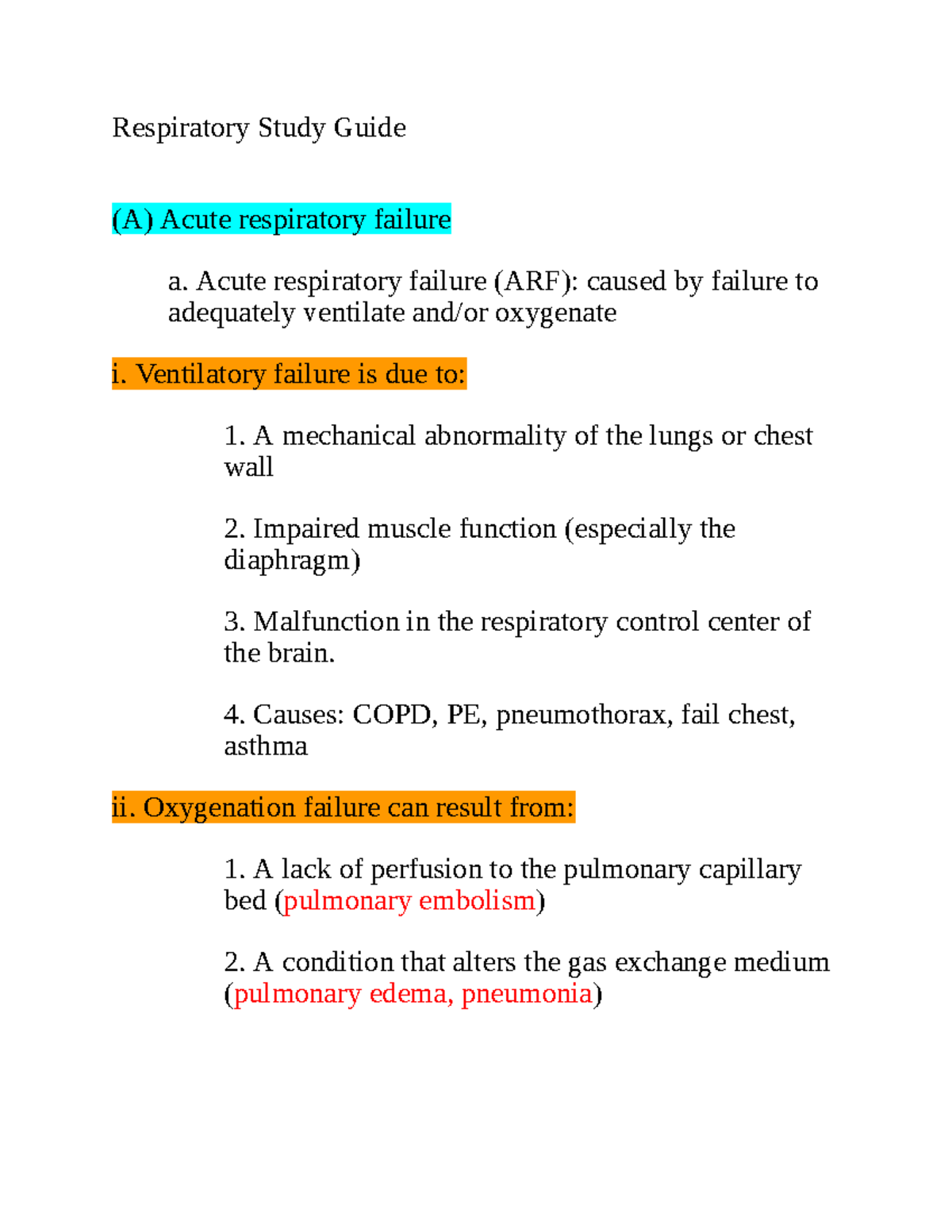 Respiratory Study Guide - Acute respiratory failure (ARF): caused ...