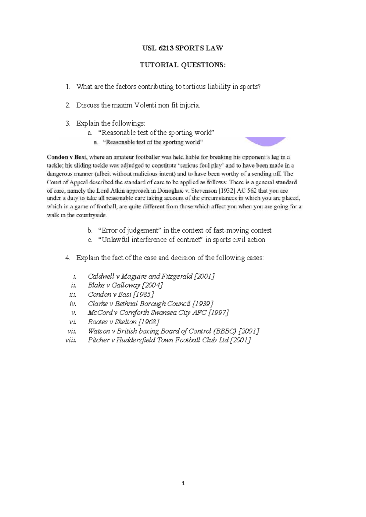 USL 6213 Sports Law Tutorial Questions and Case Analysis - Studocu